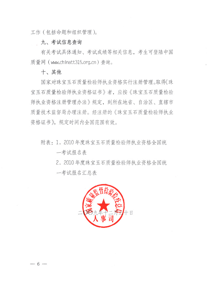 國家質(zhì)量監(jiān)督檢驗檢疫總局人事司《關(guān)于2010年度珠寶玉石質(zhì)量檢驗師執(zhí)業(yè)資格全國統(tǒng)一考試有關(guān)問題的通知》